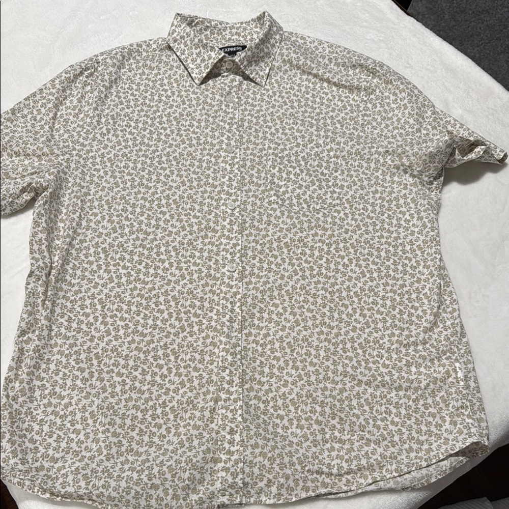 Express Cream and Brown Casual Button Down Shirt